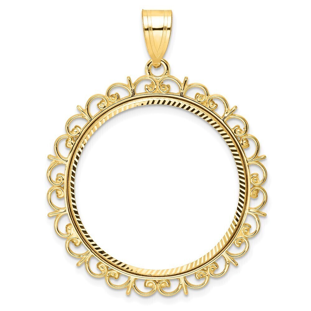 14k Yellow Gold Polished And Diamond-cut Fancy 27.0mm Prong Coin Bezel Pendant